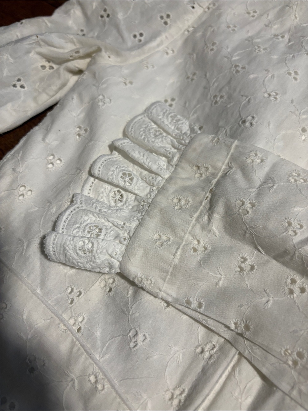 Vintage White Eyelet Maxi Dress with Red Floral Buttons and Ruffle Collar - Picture 13 of 13